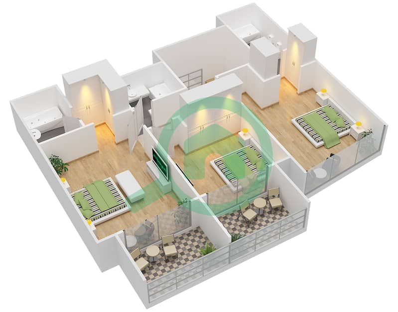 المخططات الطابقية لتصميم الوحدة 3, 6 FLOOR 31-32 بنتهاوس 3 غرف نوم - برج سكاي فيو Floor 31-32 interactive3D