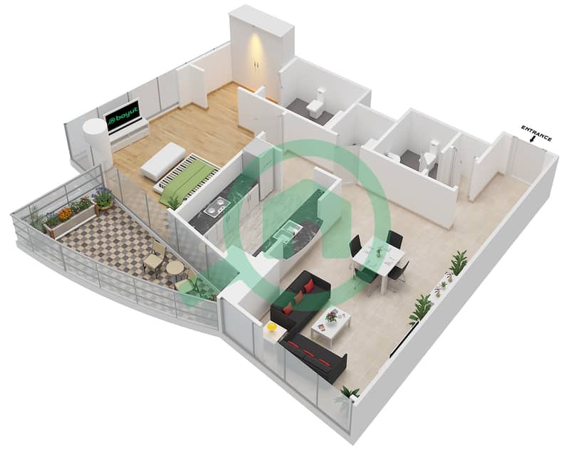 المخططات الطابقية لتصميم الوحدة 6,9,2,4,7,10 شقة 1 غرفة نوم - برج سكاي فيو interactive3D