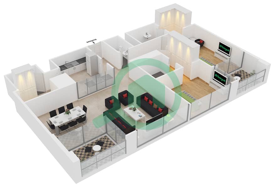 المخططات الطابقية لتصميم الوحدة 2 FLOOR 8-31 شقة 2 غرفة نوم - مارينا 23 interactive3D