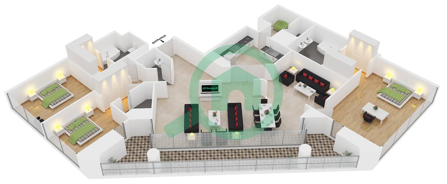 المخططات الطابقية لتصميم الوحدة 1 FLOOR 35-58 شقة 3 غرف نوم - مارينا 23 interactive3D