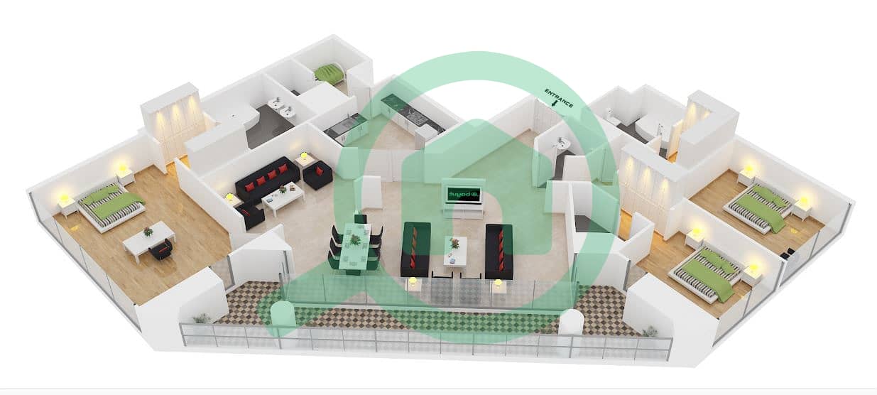 المخططات الطابقية لتصميم الوحدة 2 FLOOR 35-58 شقة 3 غرف نوم - مارينا 23 interactive3D
