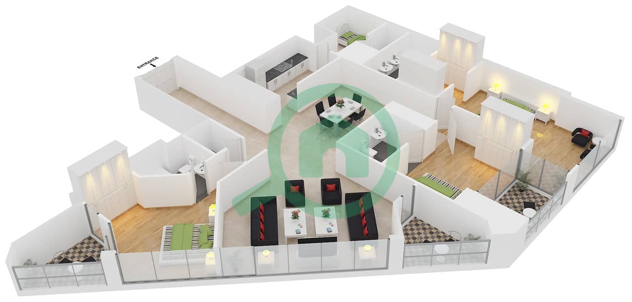 المخططات الطابقية لتصميم الوحدة 1 FLOOR 8-31 شقة 3 غرف نوم - مارينا 23 interactive3D