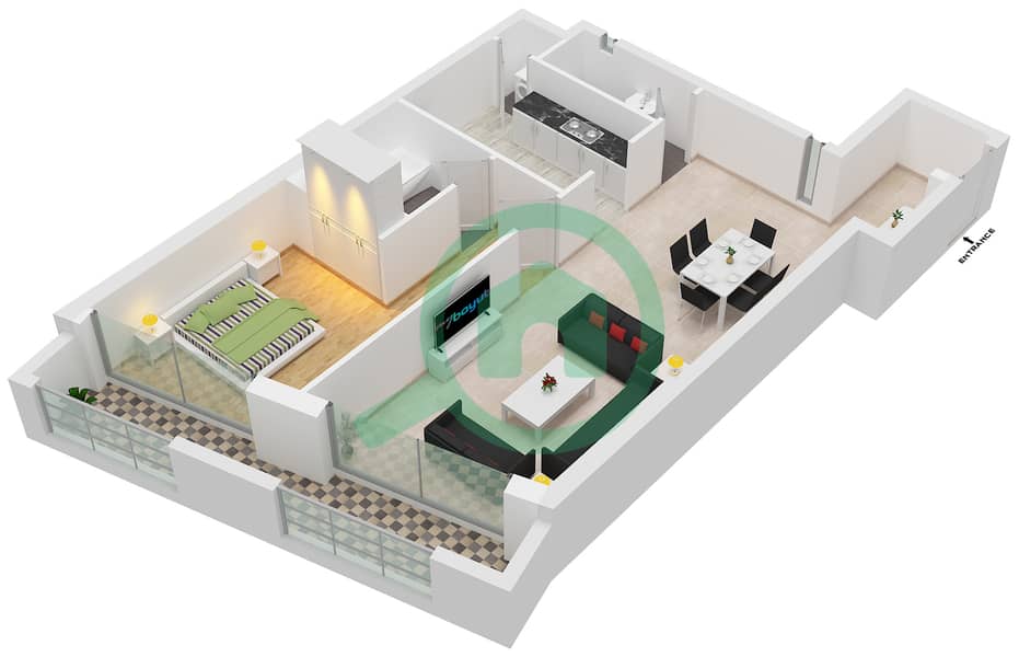 المخططات الطابقية لتصميم النموذج 1A شقة 1 غرفة نوم - برج مارينا هايتس interactive3D
