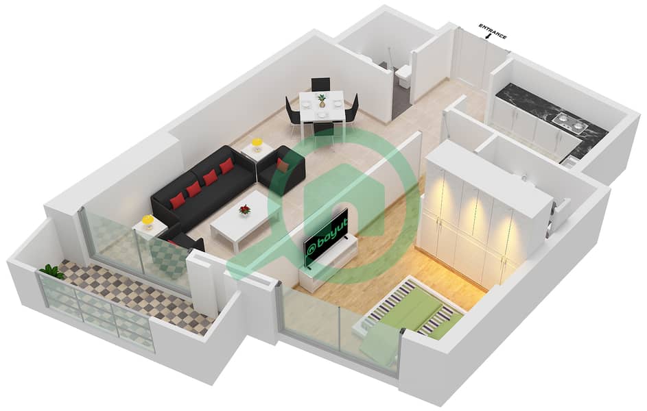 المخططات الطابقية لتصميم النموذج 1B شقة 1 غرفة نوم - برج مارينا هايتس interactive3D