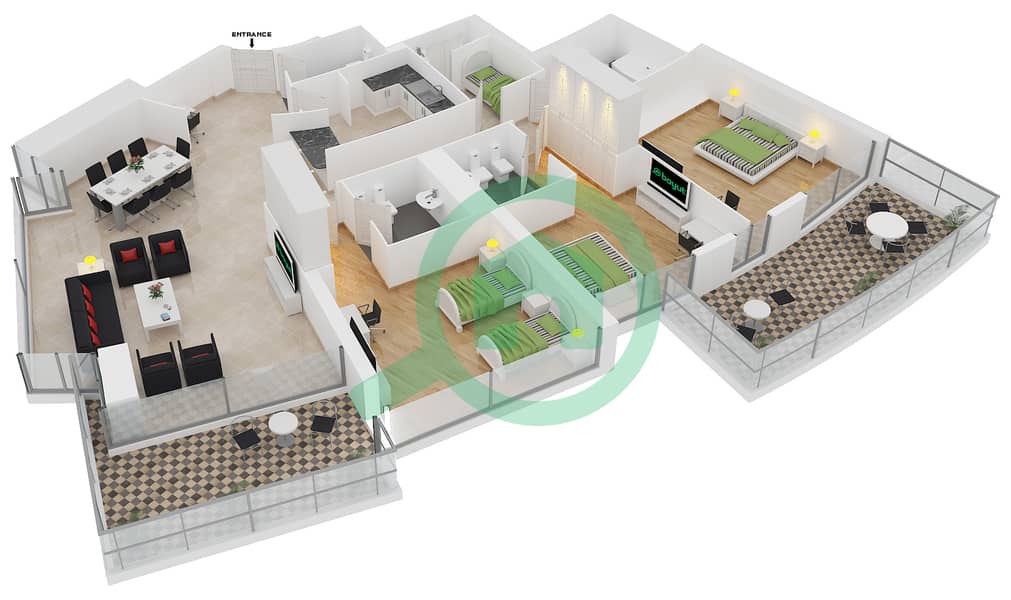 المخططات الطابقية لتصميم النموذج 4A شقة 3 غرف نوم - ترايدنت جراند ريزيدنس interactive3D