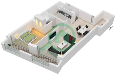 المخططات الطابقية لتصميم النموذج 1A شقة 1 غرفة نوم - برج مارينا هايتس