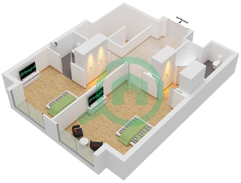 المخططات الطابقية لتصميم النموذج A شقة 2 غرفة نوم - برج مارينا هايتس interactive3D