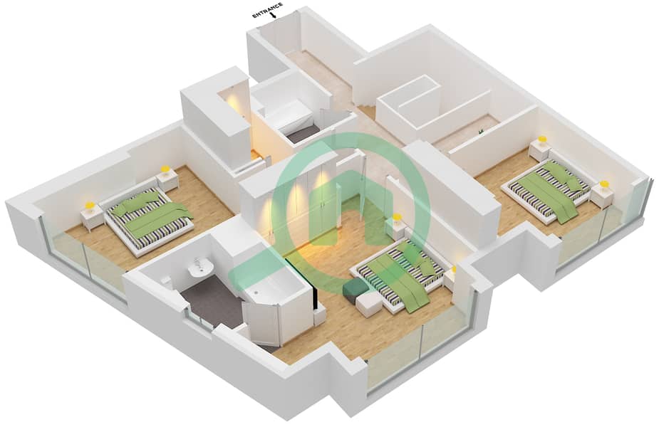 المخططات الطابقية لتصميم النموذج DUPLEX-3 شقة 3 غرف نوم - برج مارينا هايتس interactive3D