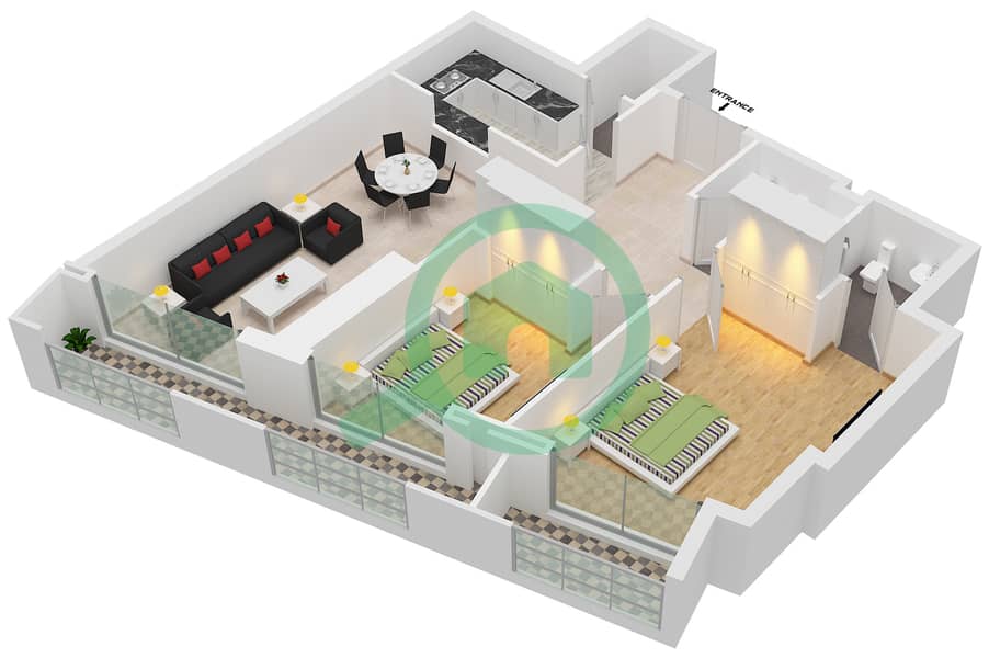 المخططات الطابقية لتصميم النموذج A-3 شقة 2 غرفة نوم - برج مارينا هايتس interactive3D