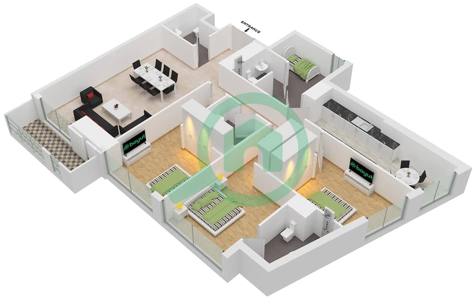 Марина Хейтс Тауэр - Апартамент 3 Cпальни планировка Тип A-2 interactive3D