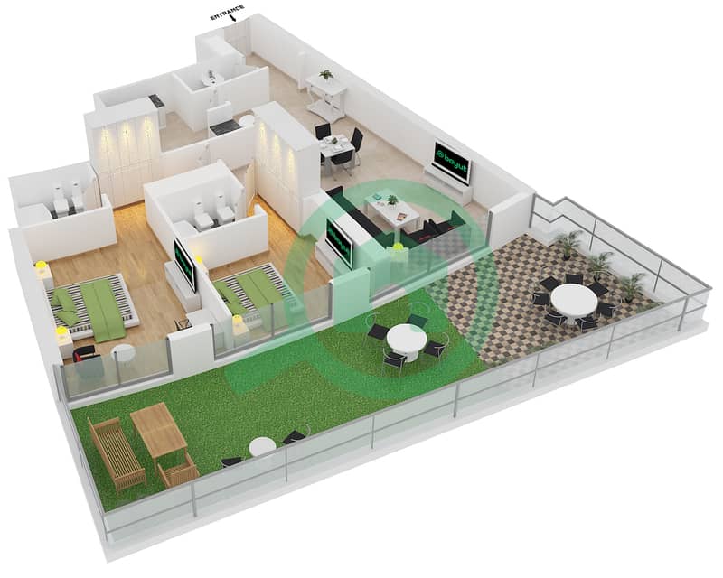Трайдент Гранд Резиденция - Апартамент 2 Cпальни планировка Тип 3G interactive3D