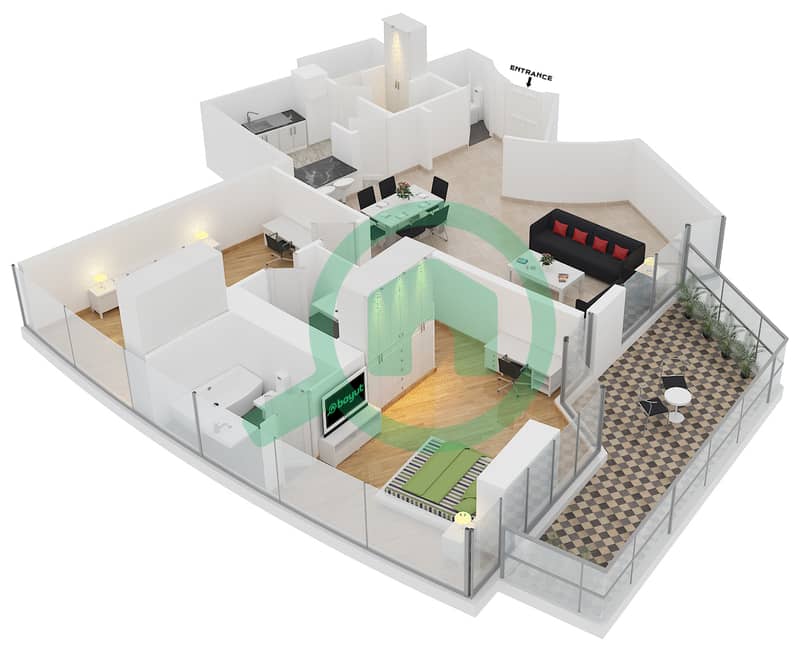 المخططات الطابقية لتصميم النموذج 5B شقة 2 غرفة نوم - ترايدنت جراند ريزيدنس interactive3D