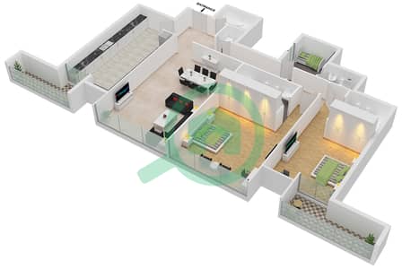 المخططات الطابقية لتصميم الوحدة 1,4 شقة 2 غرفة نوم - إميرتس كراون