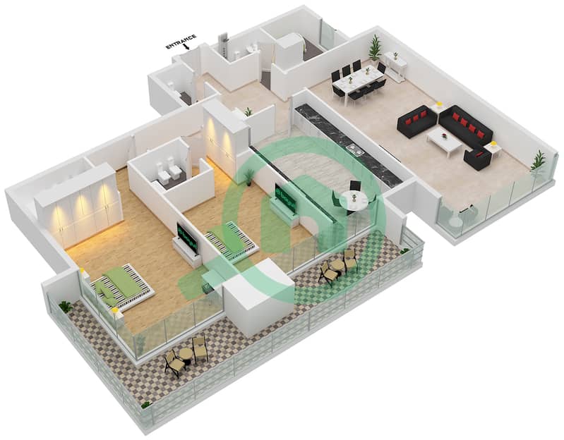 阿联酋皇冠大厦 - 2 卧室公寓单位2,5戶型图 interactive3D