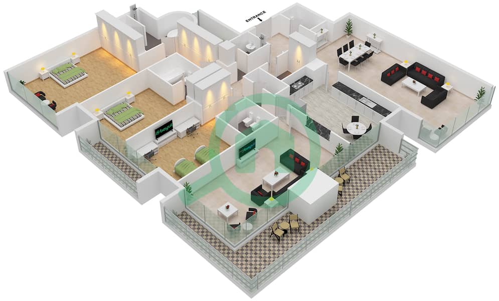 المخططات الطابقية لتصميم الوحدة 1,3 شقة 3 غرف نوم - إميرتس كراون interactive3D