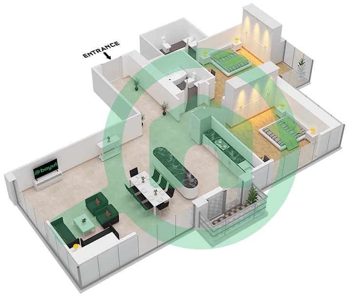 المخططات الطابقية لتصميم النموذج T02 شقة 2 غرفة نوم - مارينا بيناكل interactive3D