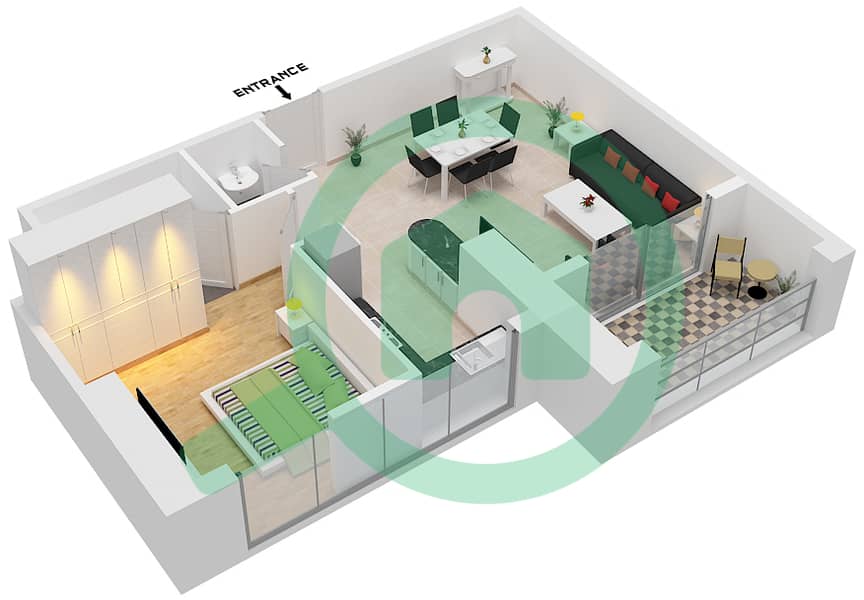 المخططات الطابقية لتصميم النموذج T03 شقة 1 غرفة نوم - مارينا بيناكل interactive3D