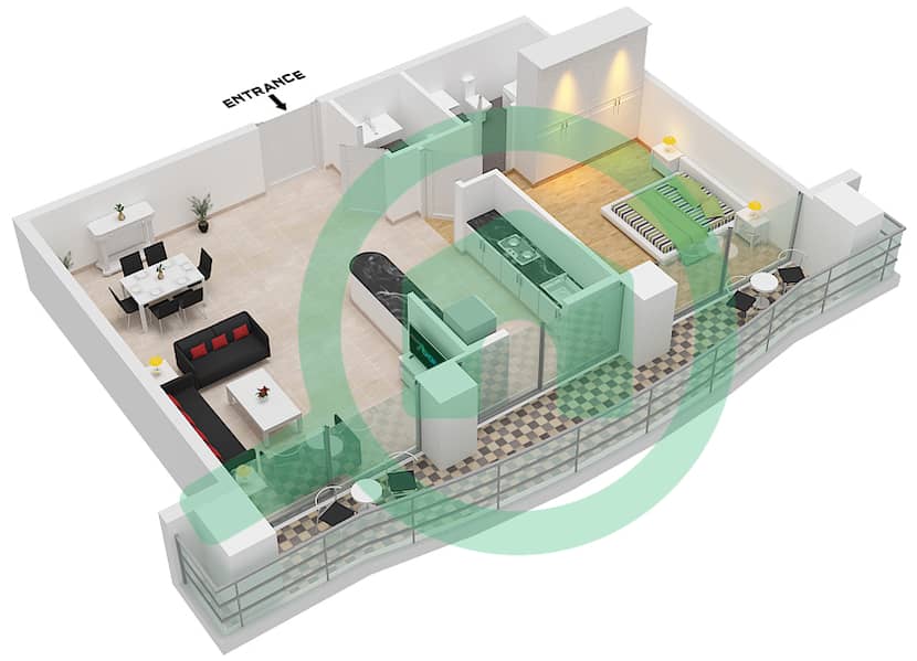 المخططات الطابقية لتصميم النموذج T04 شقة 1 غرفة نوم - مارينا بيناكل interactive3D