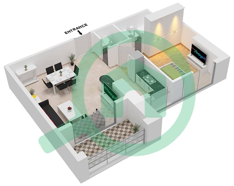 المخططات الطابقية لتصميم النموذج T05 شقة 1 غرفة نوم - مارينا بيناكل interactive3D