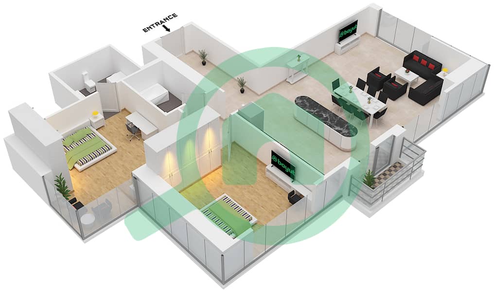 المخططات الطابقية لتصميم النموذج T06 شقة 2 غرفة نوم - مارينا بيناكل interactive3D