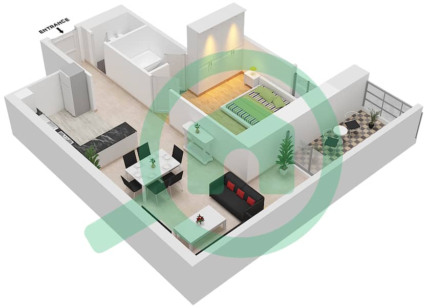 滨海山岭塔楼 - 1 卧室公寓类型T07戶型图 interactive3D