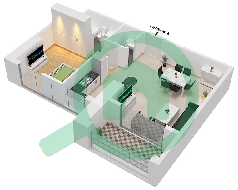 المخططات الطابقية لتصميم النموذج T10 شقة 1 غرفة نوم - مارينا بيناكل interactive3D