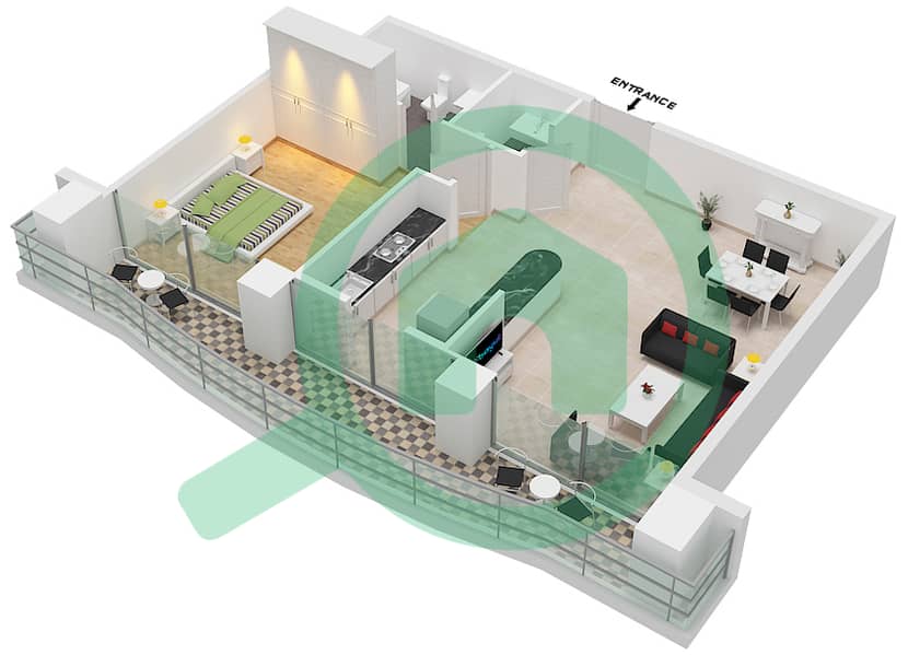 المخططات الطابقية لتصميم النموذج T11 شقة 1 غرفة نوم - مارينا بيناكل interactive3D