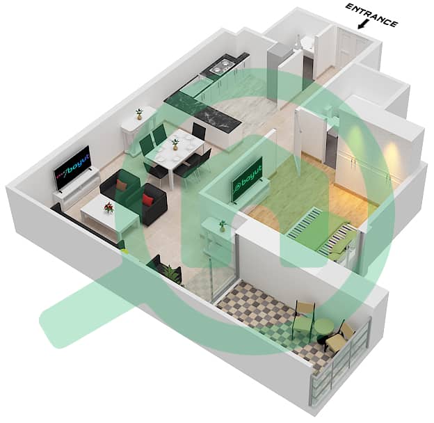 المخططات الطابقية لتصميم النموذج T14 شقة 1 غرفة نوم - مارينا بيناكل interactive3D