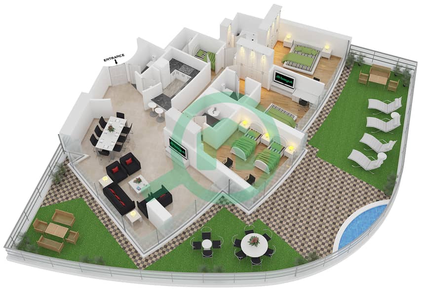 Трайдент Гранд Резиденция - Апартамент 3 Cпальни планировка Тип 4G interactive3D
