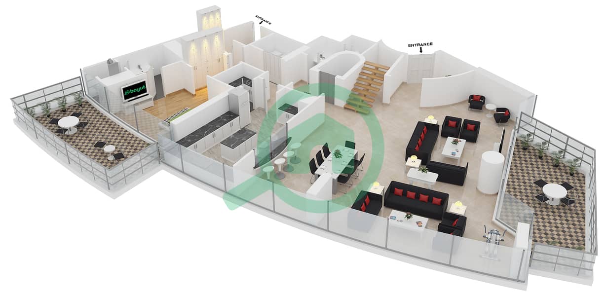 三叉戟豪华公寓 - 4 卧室顶楼公寓类型PH-1戶型图 interactive3D