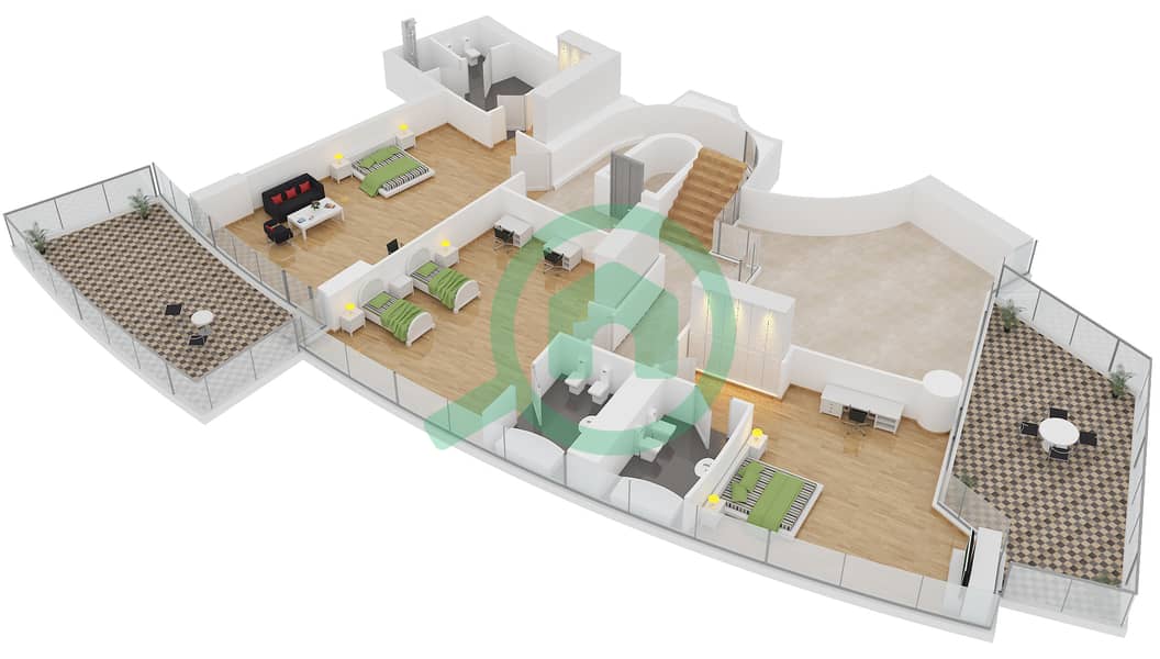 المخططات الطابقية لتصميم النموذج PH-1 بنتهاوس 4 غرف نوم - ترايدنت جراند ريزيدنس interactive3D