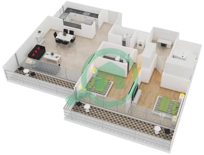 المخططات الطابقية لتصميم الوحدة 3 FLOOR 2-12 شقة 2 غرفة نوم - بوليفارد كريسنت 1