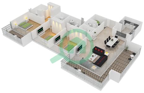 المخططات الطابقية لتصميم الوحدة 1 FLOOR 2-9,11-20,22-29 شقة 3 غرف نوم - بوليفارد كريسنت 1