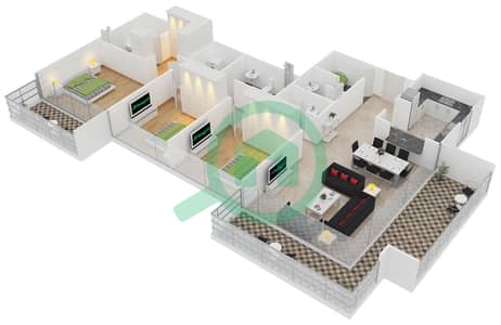 المخططات الطابقية لتصميم الوحدة 1 FLOOR 10-30 شقة 3 غرف نوم - بوليفارد كريسنت 1