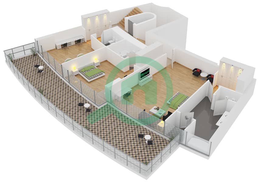 المخططات الطابقية لتصميم النموذج PH-2 بنتهاوس 4 غرف نوم - ترايدنت جراند ريزيدنس interactive3D