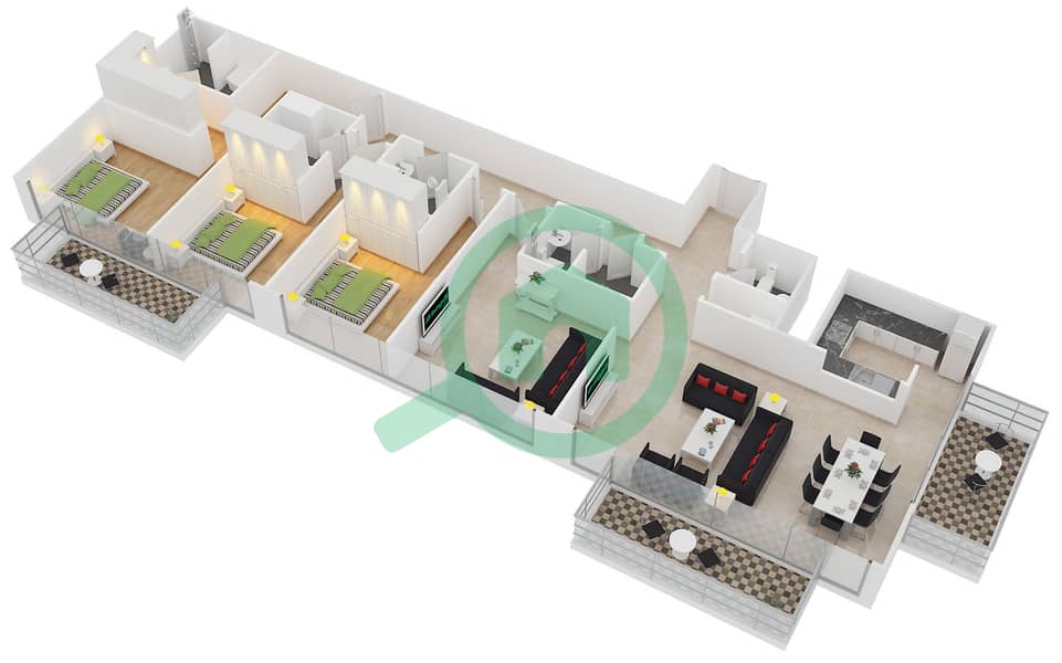 المخططات الطابقية لتصميم الوحدة 1 FLOOR 21-39 شقة 3 غرف نوم - بوليفارد هايتس برج 2 interactive3D