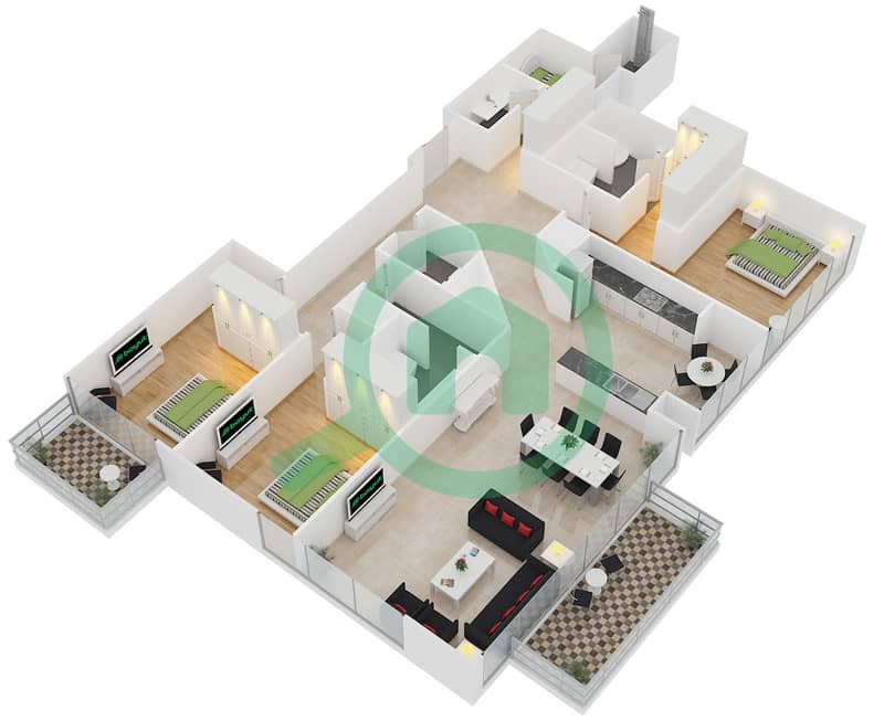 المخططات الطابقية لتصميم الوحدة 6 FLOOR 21-39 شقة 3 غرف نوم - بوليفارد هايتس برج 2 interactive3D