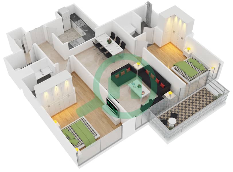 BLVD塔楼2号 - 2 卧室公寓单位7 FLOOR 4-23戶型图 interactive3D
