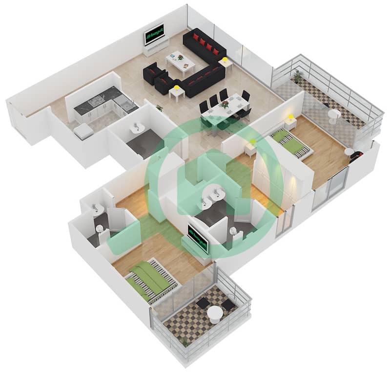 المخططات الطابقية لتصميم الوحدة 6 FLOOR 4-19 شقة 2 غرفة نوم - بوليفارد هايتس برج 2 interactive3D
