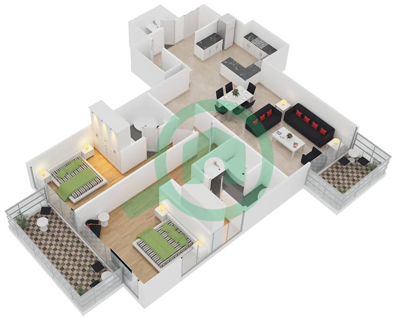 BLVD塔楼2号 - 2 卧室公寓单位5 FLOOR 21-39戶型图 interactive3D