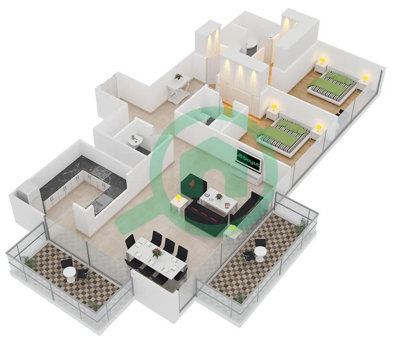 المخططات الطابقية لتصميم الوحدة 2 FLOOR 4-23 شقة 2 غرفة نوم - بوليفارد هايتس برج 2 interactive3D