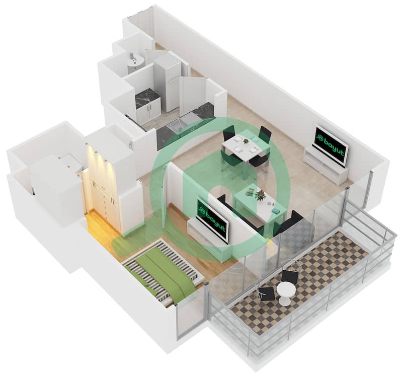 BLVD塔楼2号 - 1 卧室公寓单位3 FLOOR 4-23戶型图 interactive3D