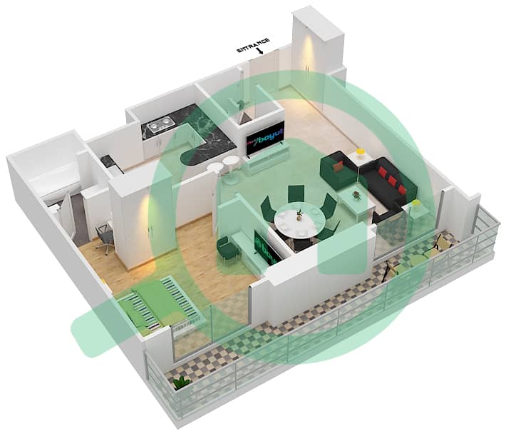 المخططات الطابقية لتصميم النموذج A1 شقة 1 غرفة نوم - أورا مارينا interactive3D