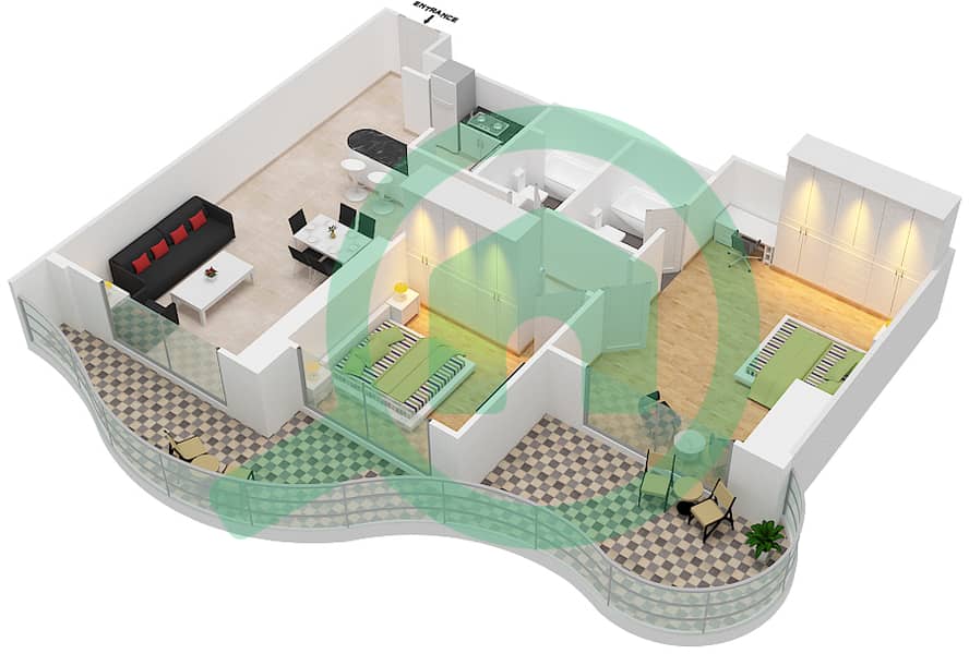 Орра Марина - Апартамент 2 Cпальни планировка Тип B interactive3D