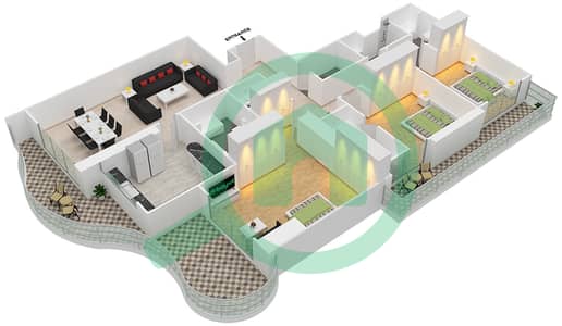 المخططات الطابقية لتصميم النموذج C شقة 3 غرف نوم - أورا مارينا
