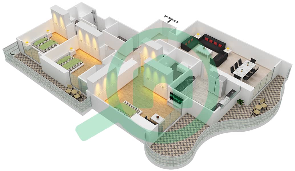 المخططات الطابقية لتصميم النموذج C1 شقة 3 غرف نوم - أورا مارينا interactive3D