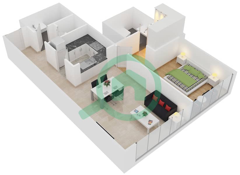BLVD塔楼1号 - 1 卧室公寓单位4 FLOOR 4-23戶型图 interactive3D