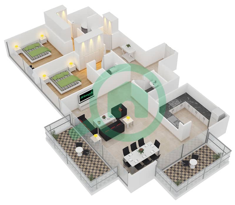 BLVD塔楼1号 - 2 卧室公寓单位1 FLOOR 4-23戶型图 interactive3D