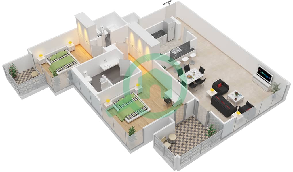 المخططات الطابقية لتصميم التصميم 2 FLOOR 2-22 شقة 2 غرفة نوم - بوليفارد سنترال 1 interactive3D