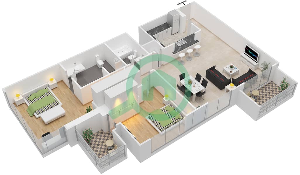 المخططات الطابقية لتصميم التصميم 1 FLOOR 3-22 شقة 2 غرفة نوم - بوليفارد سنترال 1 interactive3D